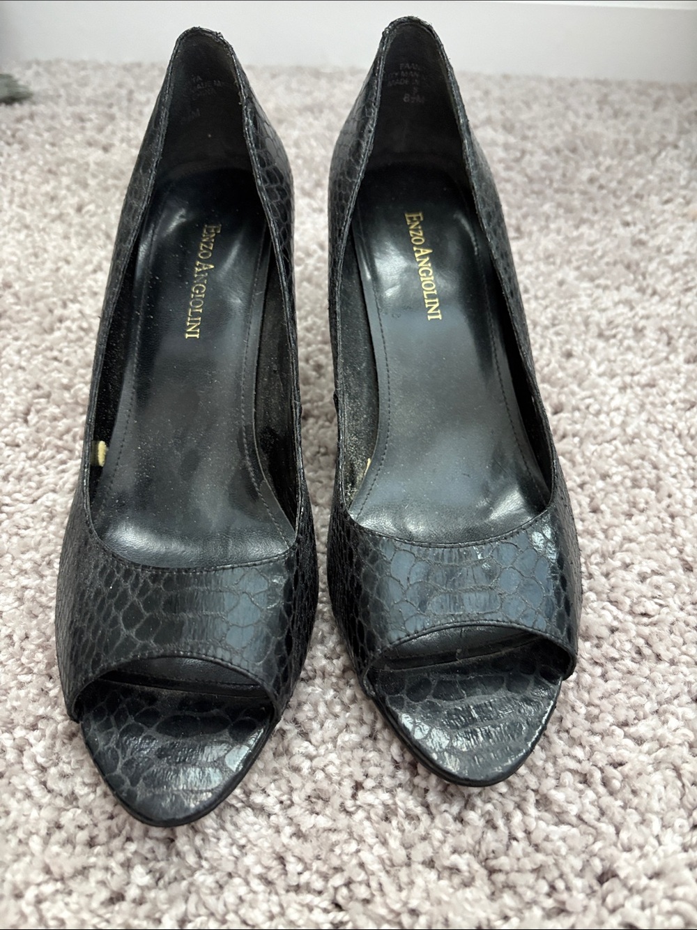 Enzo Angiolini Black Faux-Snakeskin Peep-Toe Heels